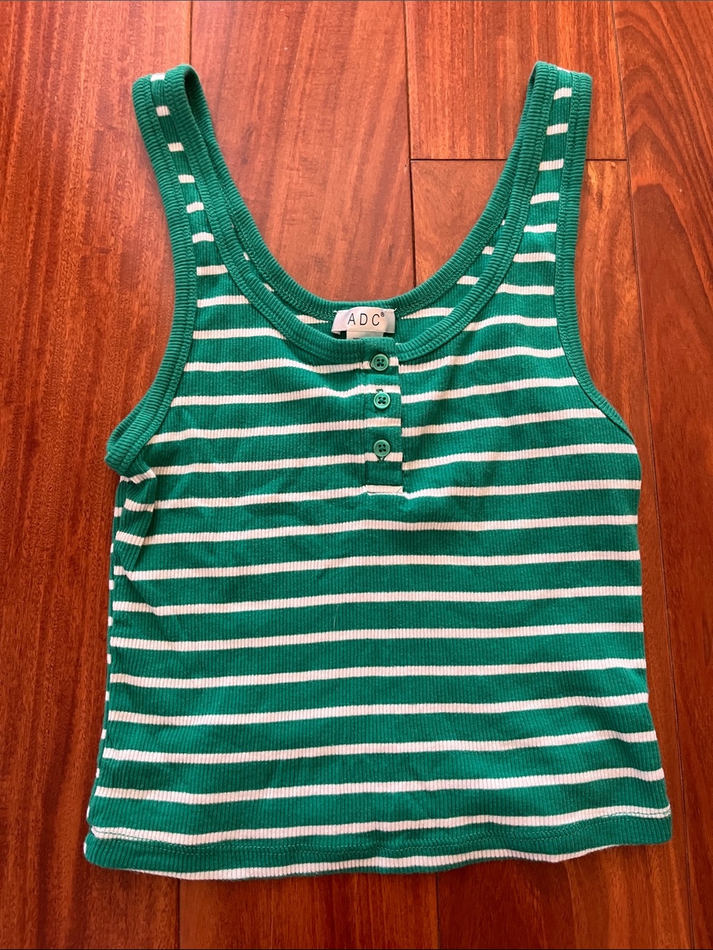 ADG Green & White Striped Ribbed Tank Top with Button Front Size S